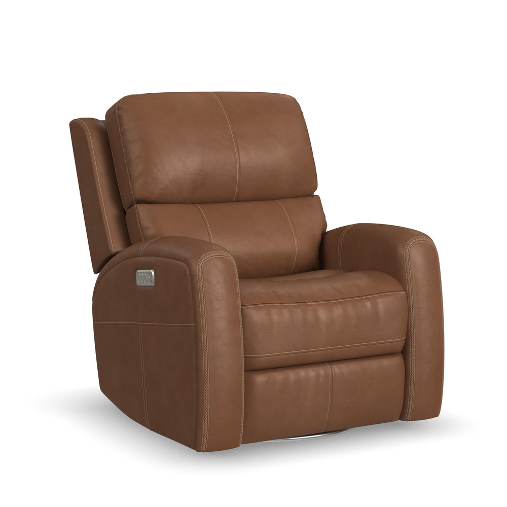 Linden Leather Power Swivel Gliding Recliner with Power Headrest, Lumbar, Heat & Massage in Caramel