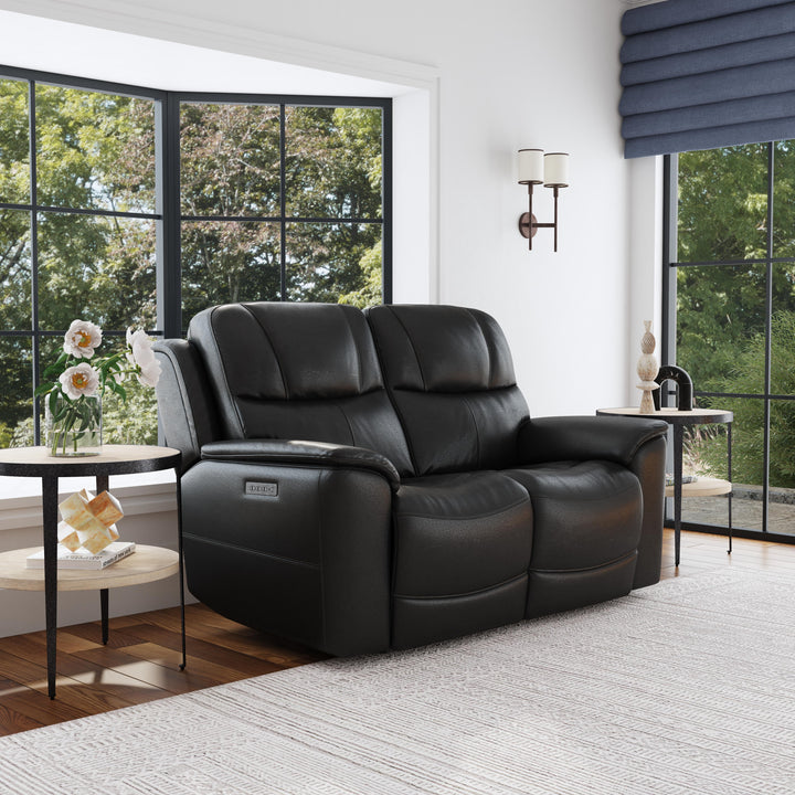 Crew Leather Power Reclining Loveseat with Power Headrests &amp; Lumbar in Raven