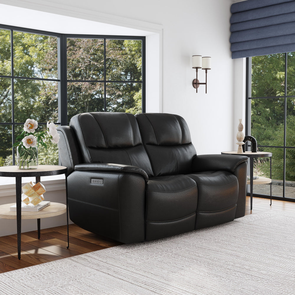 Crew Leather Power Reclining Loveseat with Power Headrests & Lumbar in Raven