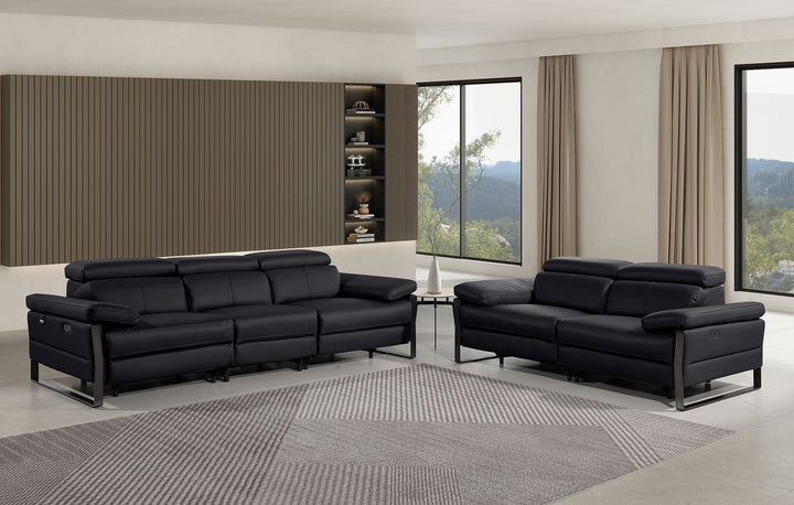 DivanItalia 1246 Modular Power Dual Reclining Sofa and Loveseat Set with Power Headrests – Top Grain Italian Leather - Black