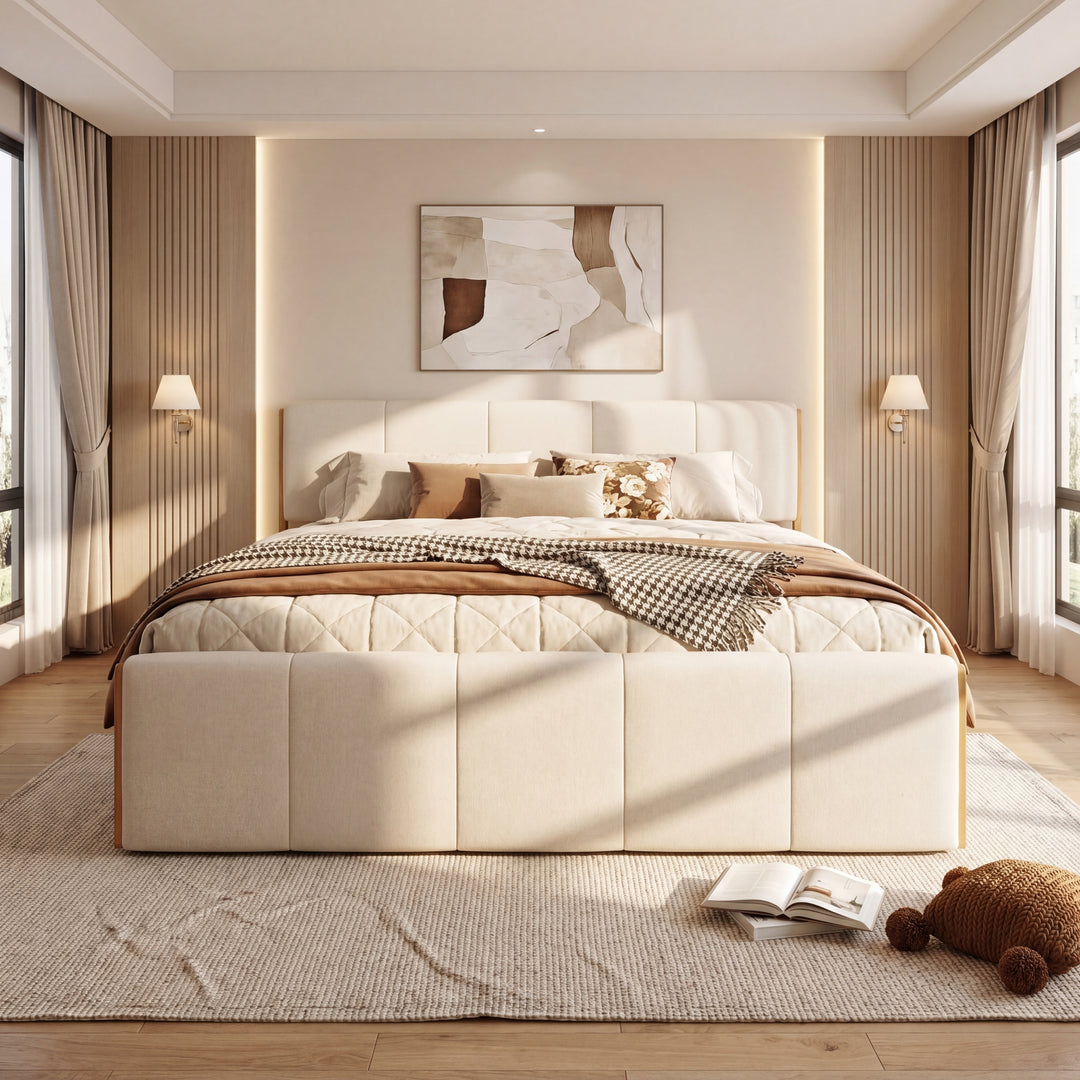 Paneled Upholstered King Bed – Natural &amp; White