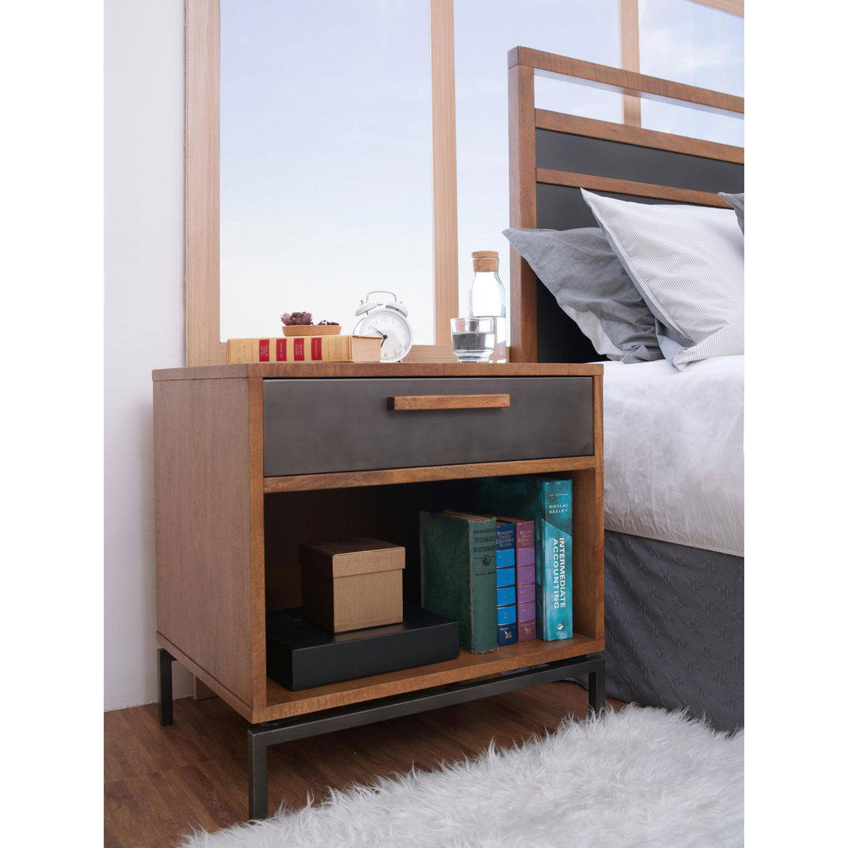 Bellevue Nightstand/Side Table 1 Drawer Graphite Metal Legs - Monterey Brown - view 2