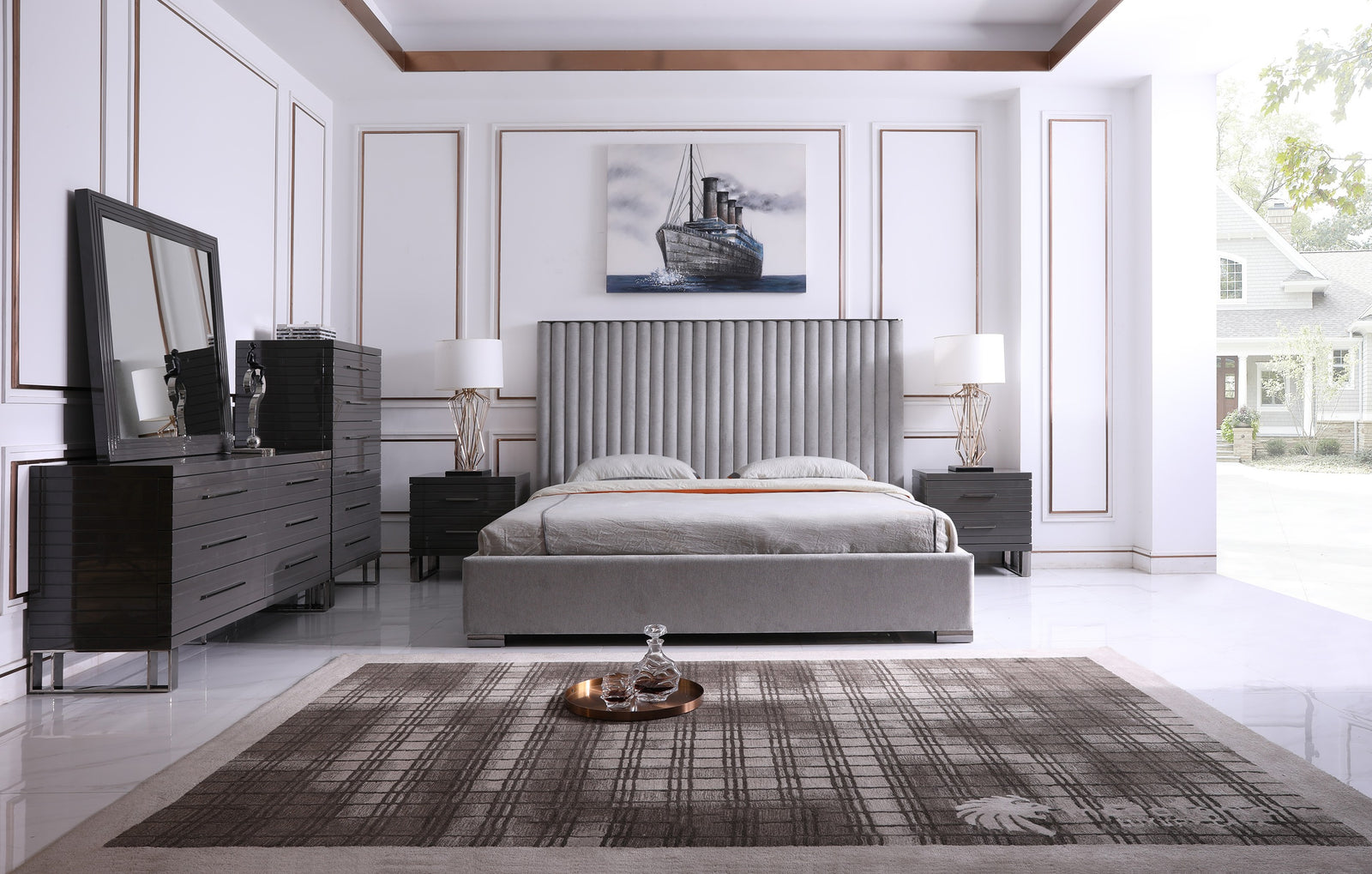 Eastern King Modrest Splendor - Silver  and  Grey Velvet Upholstered Platform Bed Set
