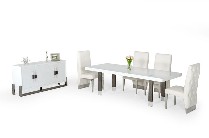 Lenny- Modern White High Gloss &amp; Stainless Steel Gun Metal Dining Table