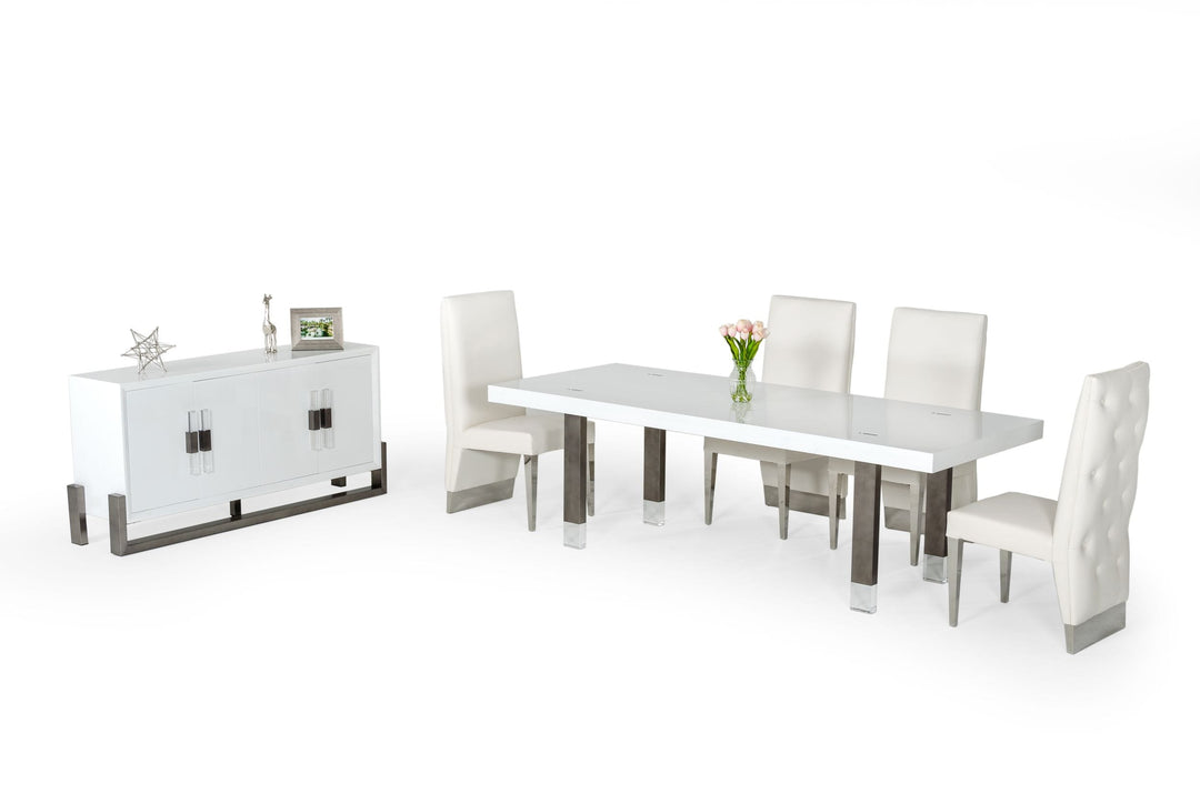 Lenny- Modern White High Gloss  and  Stainless Steel Gun Metal Dining Table