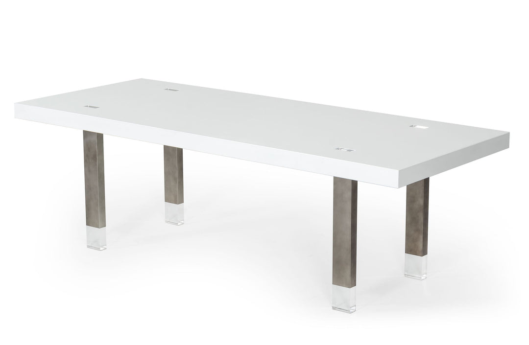 Lenny- Modern White High Gloss  and  Stainless Steel Gun Metal Dining Table