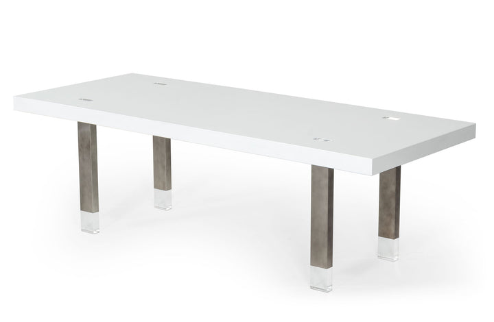 Lenny- Modern White High Gloss &amp; Stainless Steel Gun Metal Dining Table
