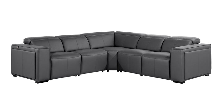 DivanItalia 1224 5-Piece L-Shaped Sectional Sofa in Top Grain Italian Leather with 3 Power Recliners &amp; Power Headrests - Dark Gray