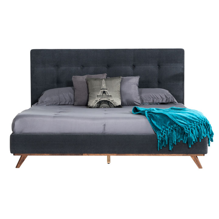 Addison Mid-Century Modern Grey Fabric &amp; Walnut Bed