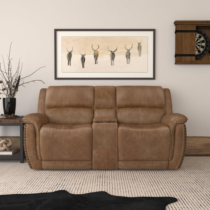 Beau Fabric Power Reclining Loveseat with Console &amp; Power Headrests in Silt