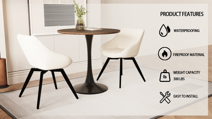 Mid-Century Modern 3-Piece Round Tulip Dining Table Set in Walnut &amp; Beige