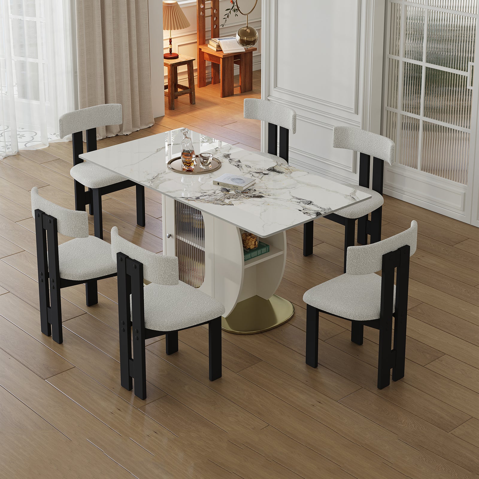 7-Piece Burnt Stone Dining Set with Gold Base & Velvet Chairs