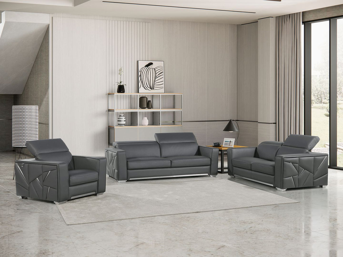 DivanItalia 1120 3-Piece Sofa Set with Adjustable Headrest in Top-Grain Italian Leather - Dark Gray