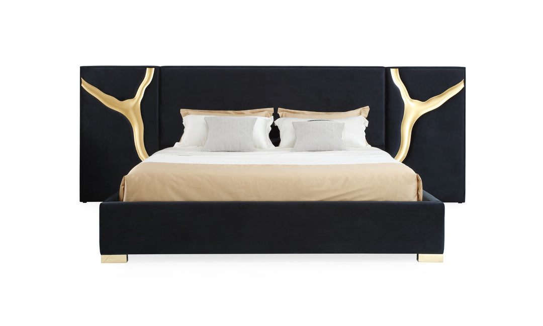 Aspen - Eastern King Glam Black Velvet  and  Gold Bed