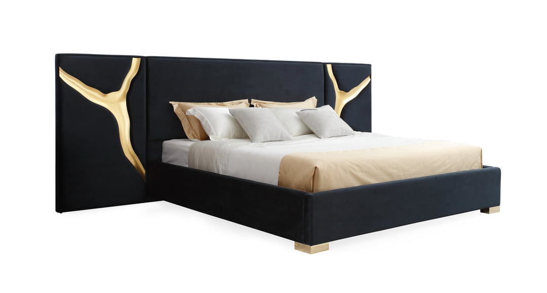 Aspen - Eastern King Glam Black Velvet  and  Gold Bed