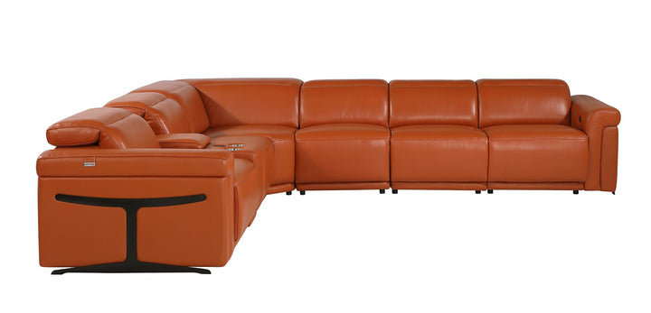 DivanItalia 1126 7-Piece L-Shaped Sectional Sofa in Top Grain Italian Leather with 3 Power Recliners &amp; Power Headrests - Camel