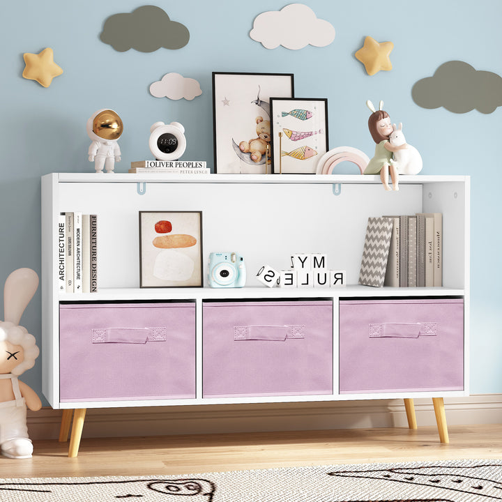 modern-kids-bookcase-with-collapsible-fabric-drawers-childrens-book-display-toy-storage-white-pink-mdf-pine-legs