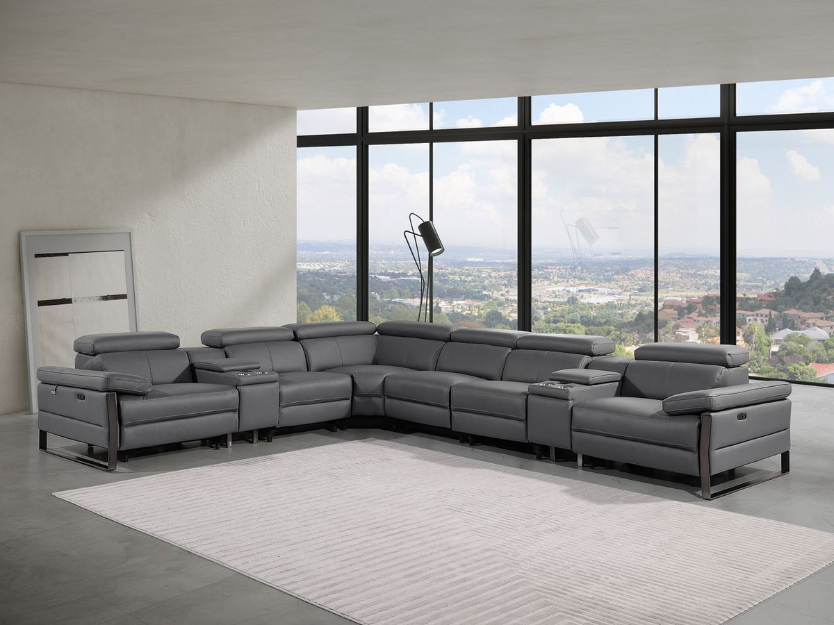 DivanItalia 1246 8-Piece L-Shaped Modular Power Reclining Sectional with 4 Power Recliners and Power Headrests – Top Grain Italian Leather - Dark Gray