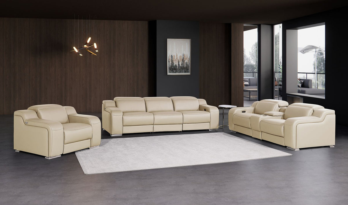DivanItalia 1116 7-Piece Modular Power Reclining Sofa, Loveseat & Chair Set in Top Grain Italian Leather with 6 Power Recliners & Power Headrests - Beige