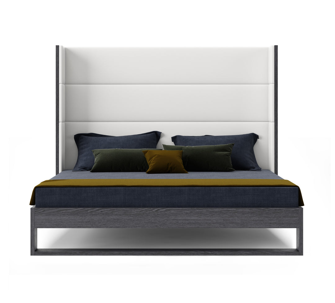 Heloise  Contemporary White Leather & Grey Elm Trim Bed