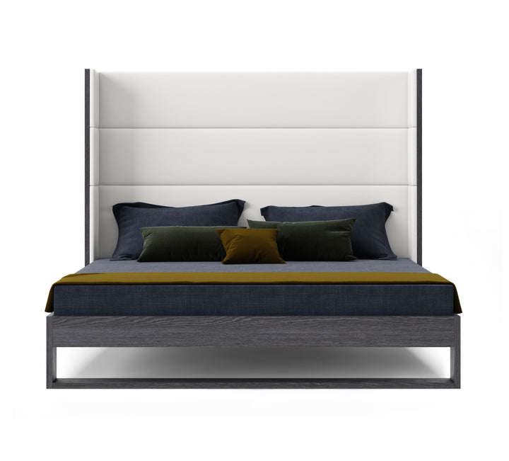 Heloise  Contemporary White Leather & Grey Elm Trim Bed