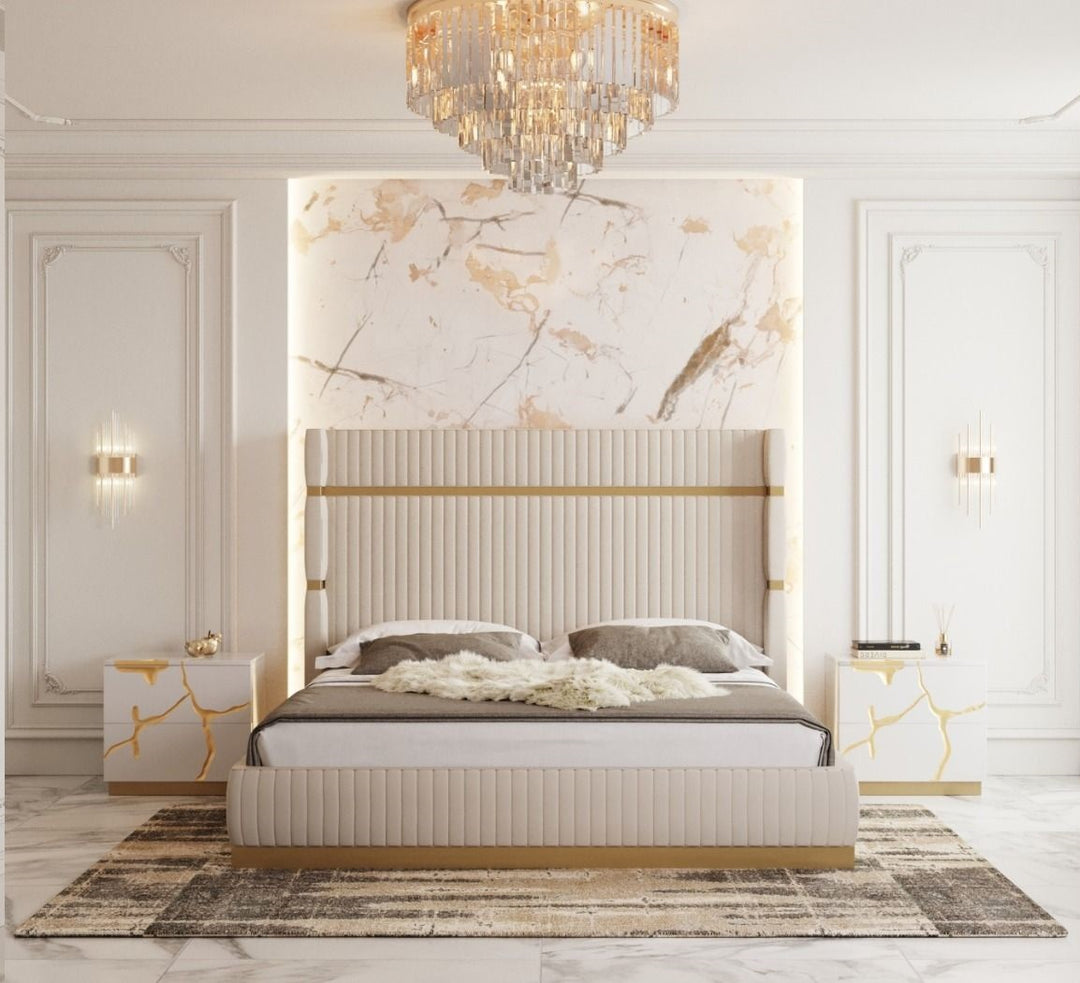 Sterling Modern Beige + Gold Bed + Nightstands