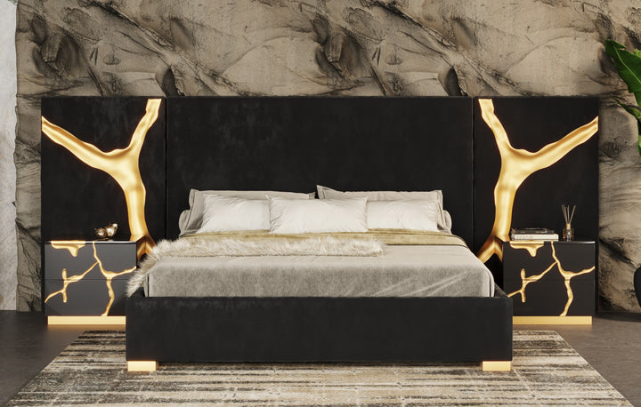 Aspen - Modern Black + Gold Bed + Nightstands