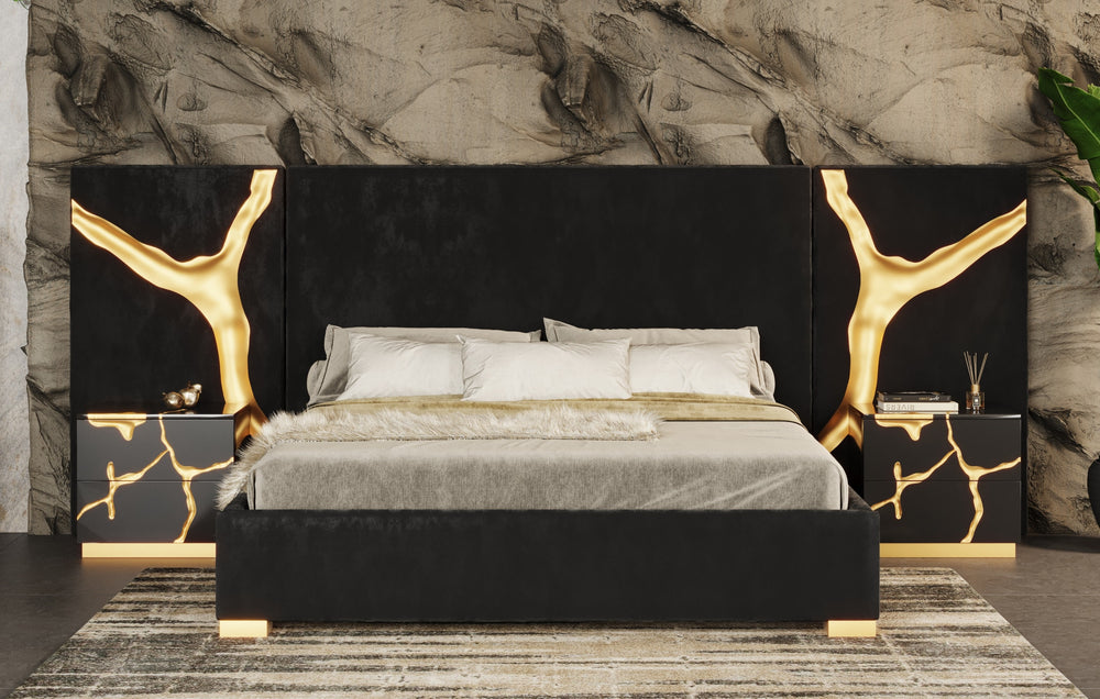 Aspen - Modern Black + Gold Bed + Nightstands - View 9