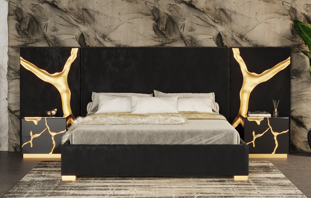 Aspen - Modern Black + Gold Bed + Nightstands