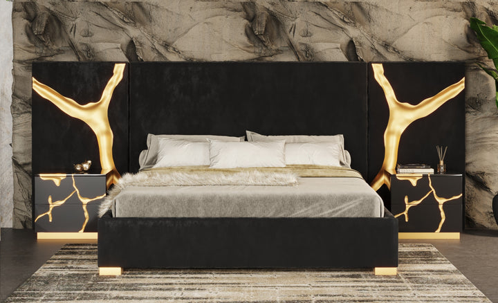 Aspen - Modern Black + Gold Bed + Nightstands