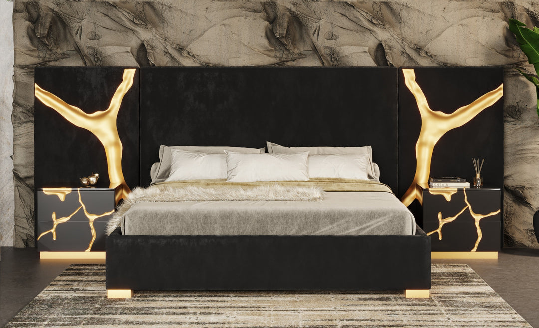 Aspen - Modern Black + Gold Bed + Nightstands