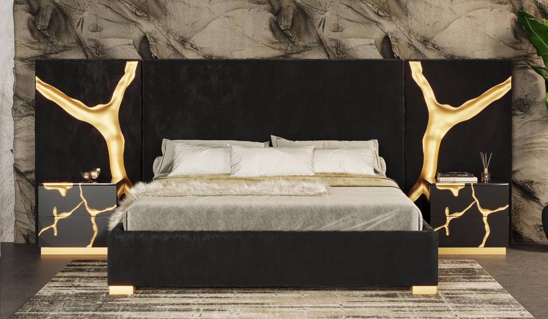 Aspen - Modern Black + Gold Bed + Nightstands