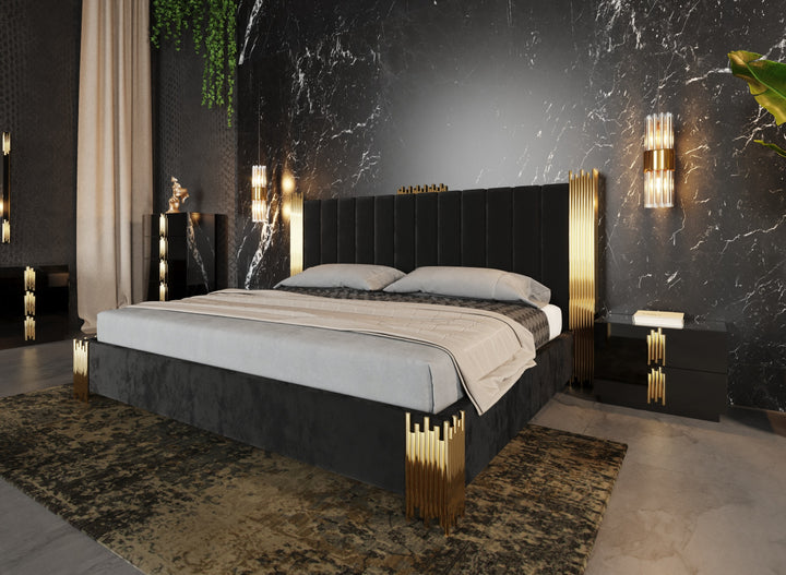 Token - Modern Black + Gold Bed + Nightstands