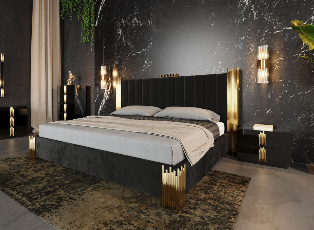 Token - Modern Black + Gold Bed + Nightstands