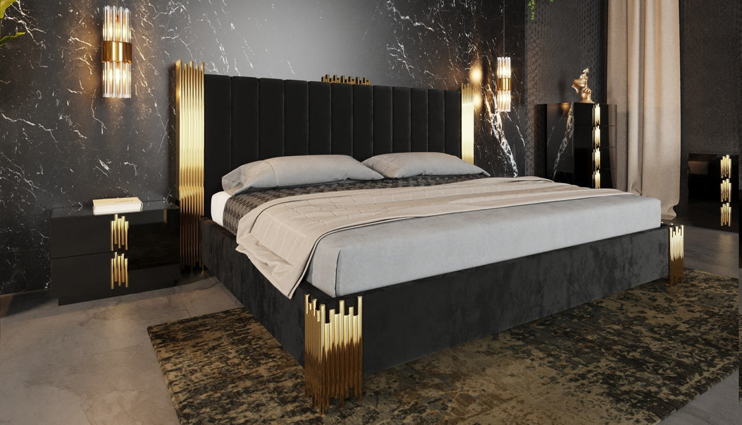 Token - Modern Black + Gold Bed + Nightstands