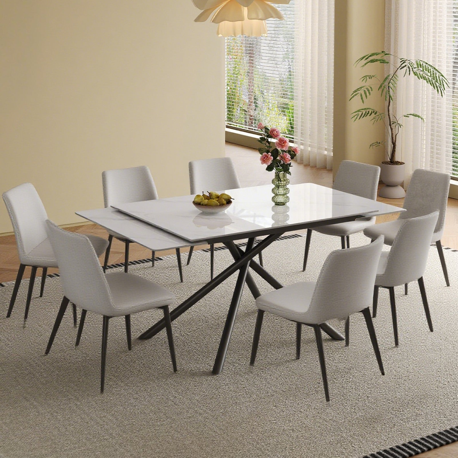 Modern Retractable Sintered Stone Dining Table Set with 8 Chairs
