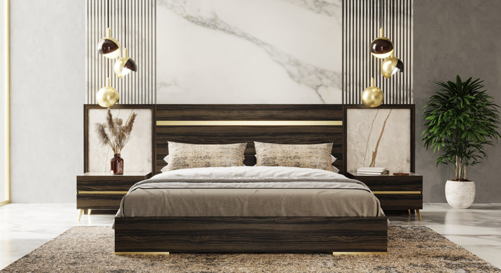 Velondra - Modern Eucalypto + Marble Bed with Two Nightstands