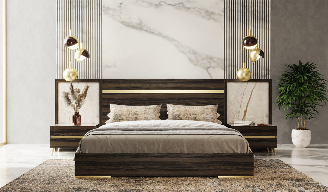 Velondra - Modern Eucalypto  Marble Bed with Two Nightstands