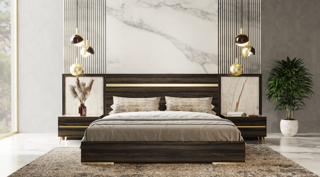 Velondra - Modern Eucalypto + Marble Bed with Two Nightstands