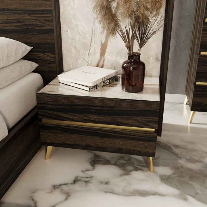 Velondra - Modern Eucalypto + Marble Bed with Two Nightstands