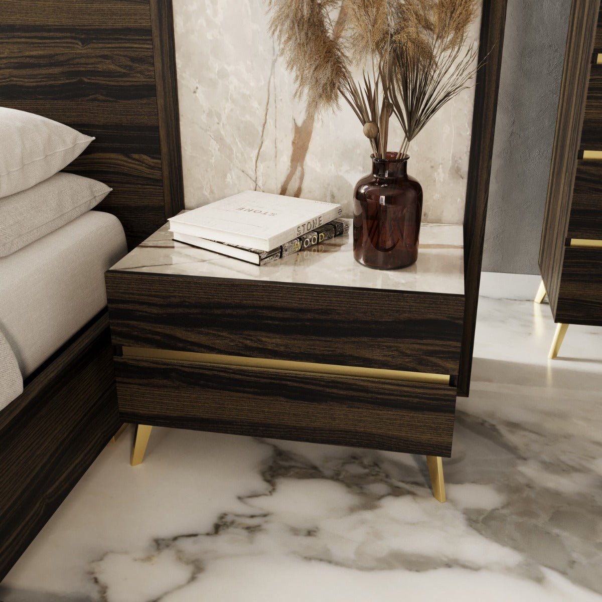 Velondra - Modern Eucalypto  Marble Bed with Two Nightstands