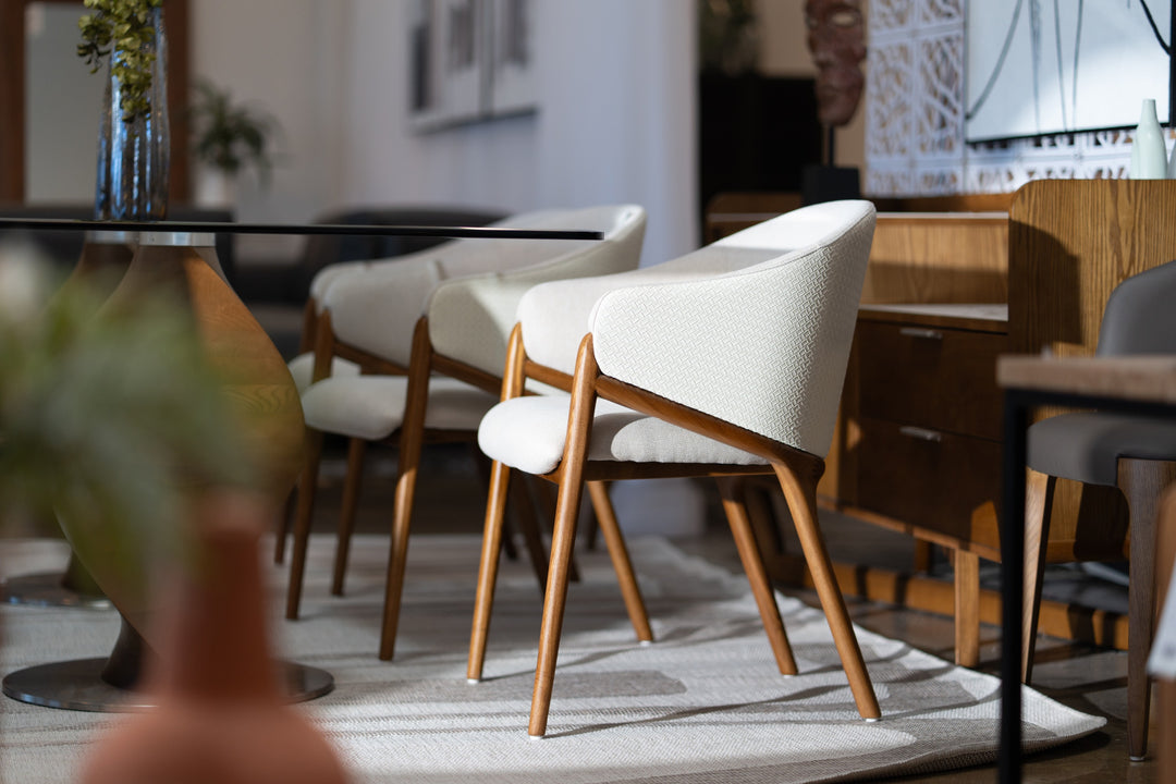 Lunde Cream Fabric and Walnut Arm Dining Chair