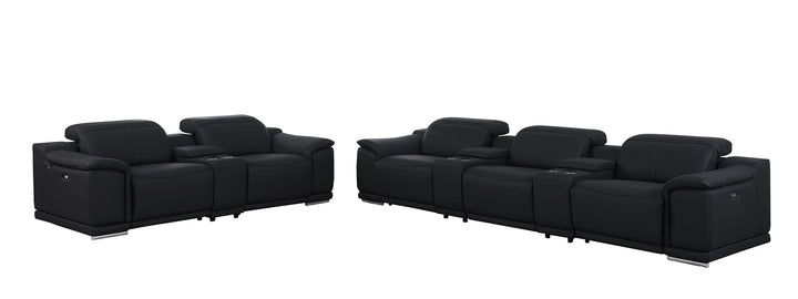 DivanItalia 9762 8-Piece Modular Power Reclining Sofa and Console Loveseat Set with Top Grain Italian Leather - Black
