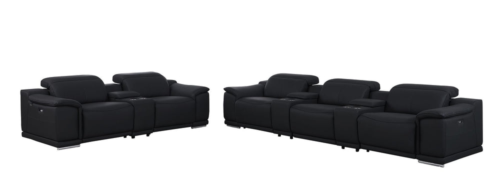 DivanItalia 9762 8-Piece Modular Power Reclining Sofa and Console Loveseat Set with Top Grain Italian Leather - Black
