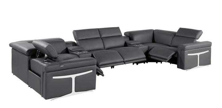 DivanItalia 1126 8-Piece U-Shaped Sectional Sofa in Top Grain Italian Leather with 4 Power Recliners &amp; Power Headrests – with Console - Dark Gray