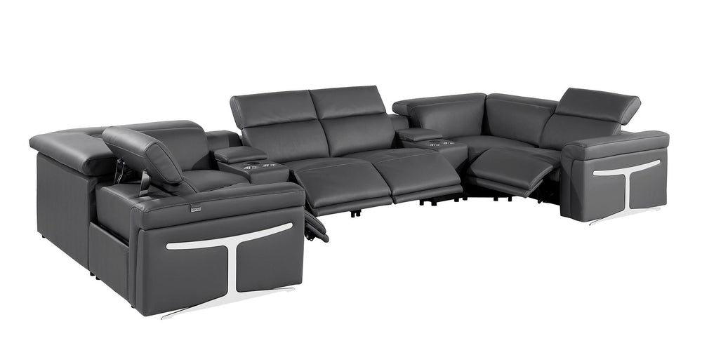 DivanItalia 1126 8-Piece U-Shaped Sectional Sofa in Top Grain Italian Leather with 4 Power Recliners & Power Headrests – with Console - Dark Gray