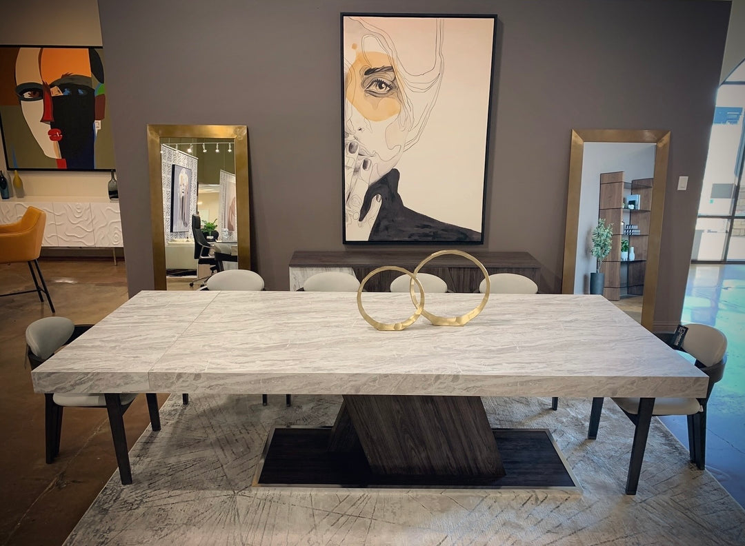 Cairo - Italian Modern Faux Marble & Pecan Elm Extendable Dining Table