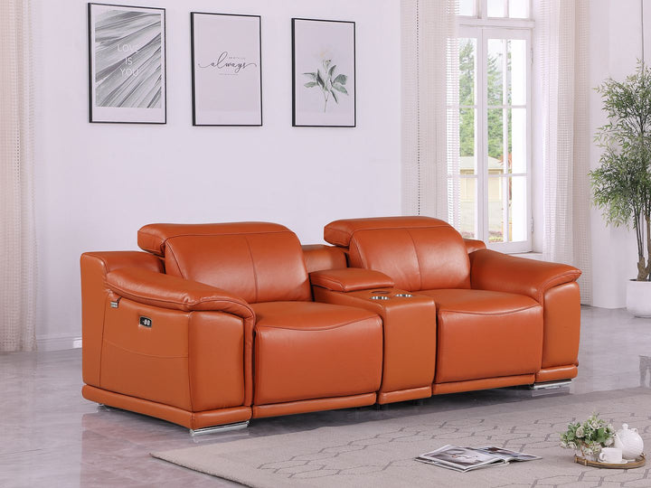 DivanItalia 9762 3-Piece Modular Power Reclining Console Loveseat with 2 Power Recliners in Top Grain Italian Leather - Camel
