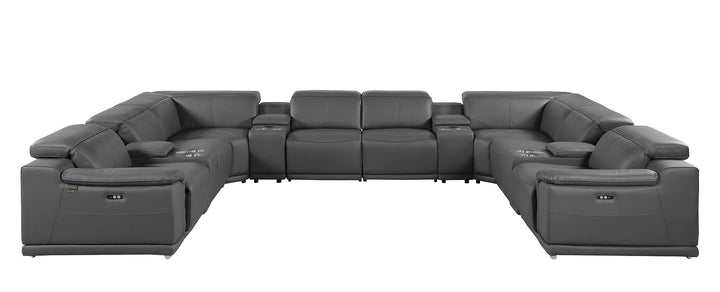 DivanItalia 9762 12-Piece U Shaped Top Grain Italian Leather Sectional Sofa with 4 Power Recliners - Dark Gray