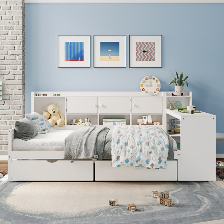 L-Shape Daybed with Storage Cabinets, Drawers, Desk &amp; Bookshelf – Full Size